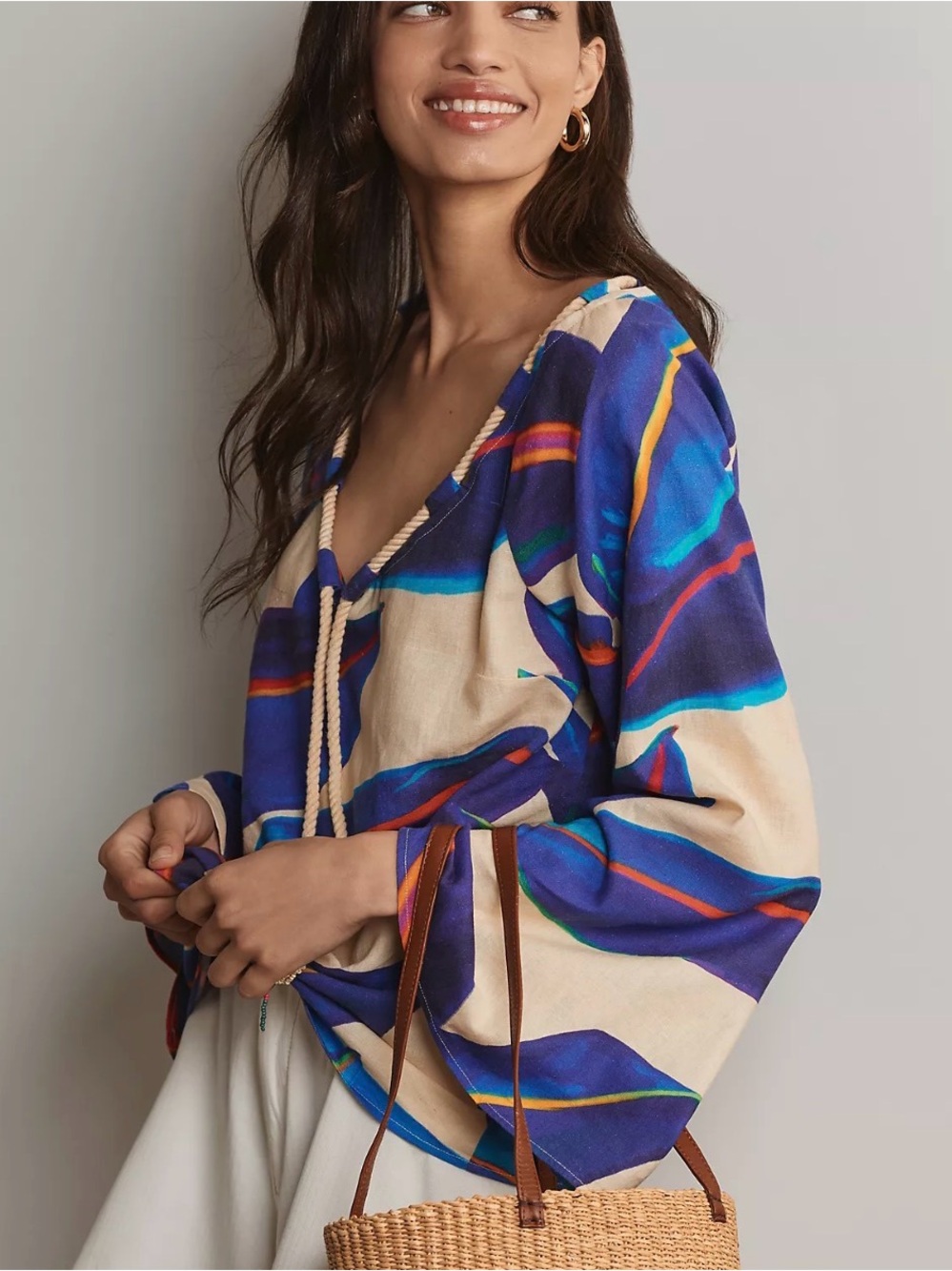 NWOT Anthropologie x Farm Rio Long-Sleeve Rope-Tie Linen Blouse in Small